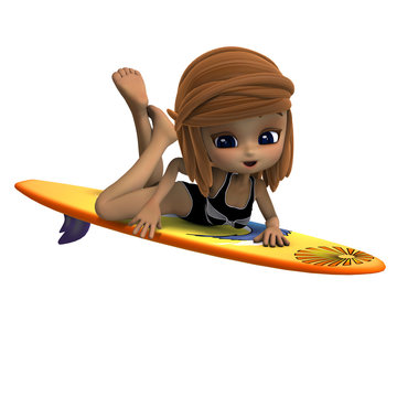 cute cartoon girl in a swimsuit standing on a surfboard. 3D rend