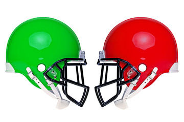 Photo of two American football helmets isolated on white
