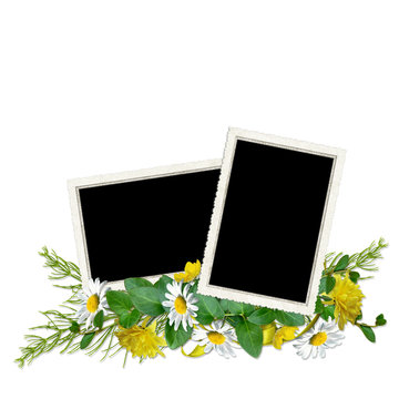 Isolated delicate frame for three photos with colorful flowers