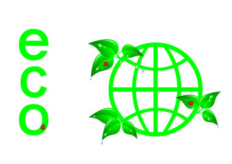 Globe with leaves and ladybugs. Vector.