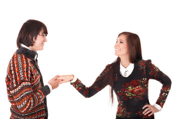 Teenage couple talking on white background.