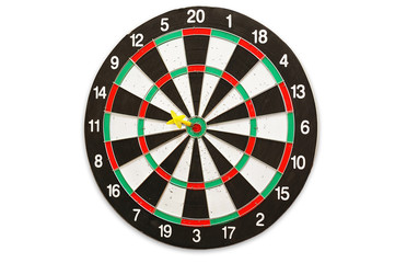 The used scratched dartboard on white