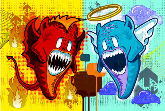 Angel y demonio en criaturas con elementos de fondo