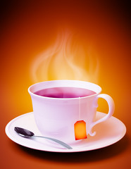 Tea cup with spoon on orange background
