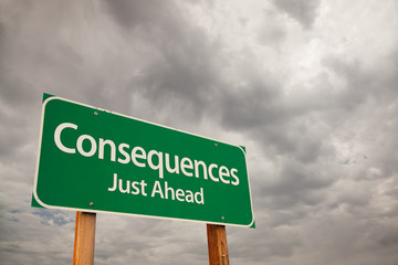 Consequences Green Road Sign Over Storm Clouds