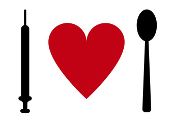 Syringe, heart, spoon