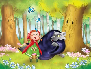 Crédence de cuisine en verre imprimé Animaux de la forêt Le petit chaperon rouge et le grand méchant loup dans les bois
