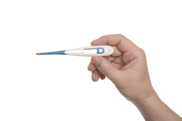 well shaped hand hold a thermometer isolated over white