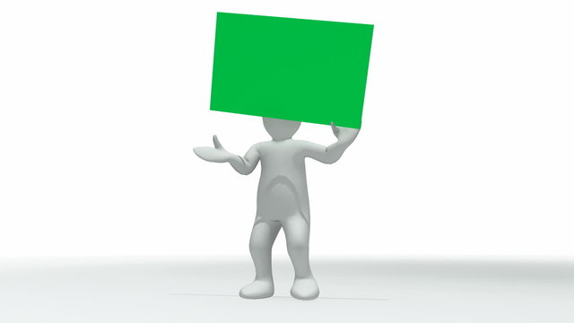 3d man with a green placard in his hands