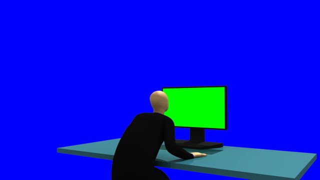3d-man sitting in front of a green screen