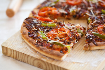 tasty pizza with tomato chesse olive