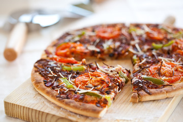 tasty pizza with tomato chesse olive