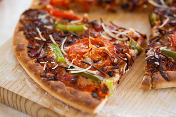 tasty pizza with tomato chesse olive