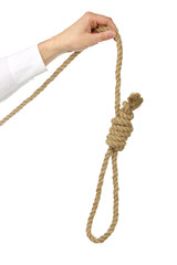 The man's hand holds a loop for suicide
