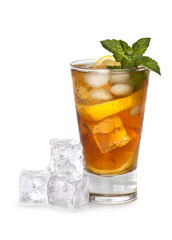 Glass of iced tea - ice tea with ice cubes and mint leaves on white background