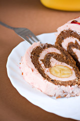 sweet banana cake creamy desert with plate and fork