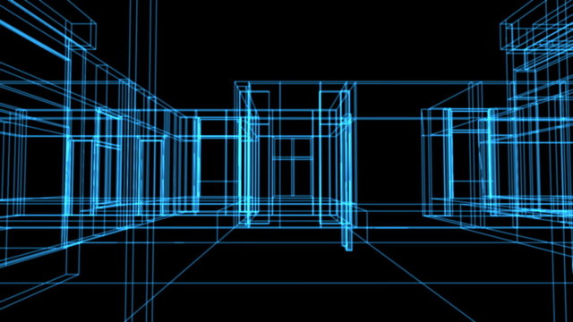 Wire frame house as animated blue print - HD