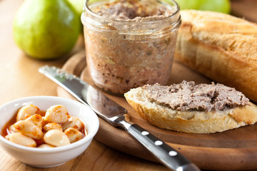 Baguette with pate and marinated garlic