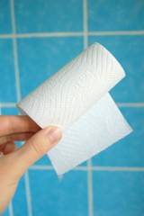 Hand hält Toilettenpapier