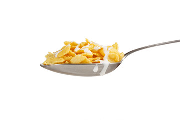 Corn flakes on the spoon with milk