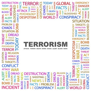 TERRORISM. Square frame with association terms.