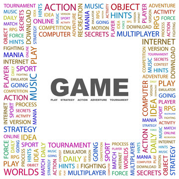 GAME. Word collage on white background.