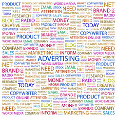 ADVERTISING. Word collage on white background.