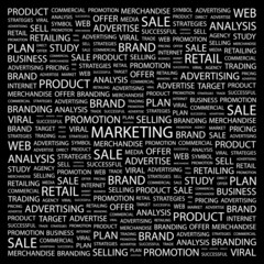 MARKETING. Collage with association terms on black background.