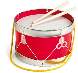 Drum and drum sticks on white background