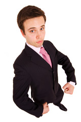 young business man playing silly, isolated on white