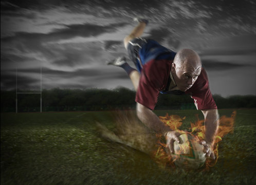 Rugby Player Making A Fiery Touch Down