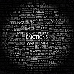 EMOTIONS. Word collage on black background.