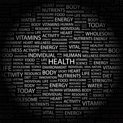 HEALTH. Collage with association terms on black background.