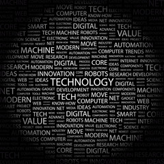 TECHNOLOGY. Collage with association terms on black background.