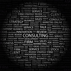 CONSULTING. Word collage on black background.