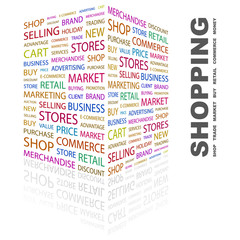 SHOPPING. Collage with association terms on white background.