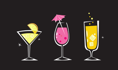 Retro drinks collection isolated on black background