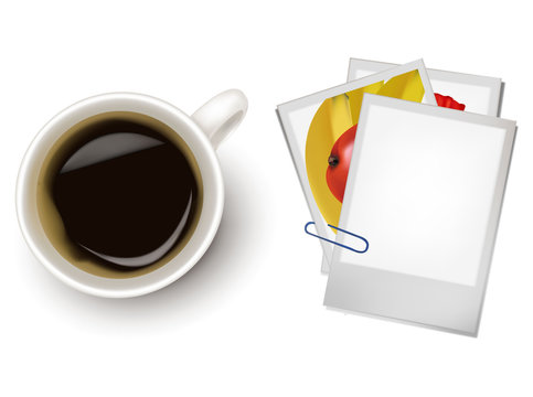 Photo frames a cup of coffee. Photo-realistic vector.
