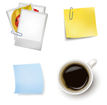Sticker notes and a cup of coffee. Photo-realistic vector.
