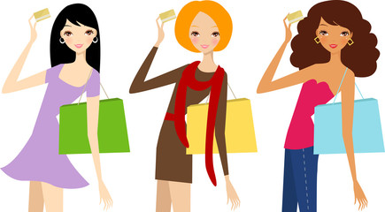 three fashion women with card and shopping bags