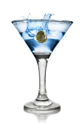 Blue alcohol cocktail with splash isolated on white