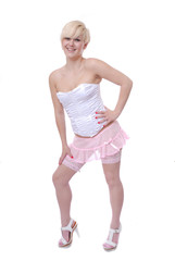 Smiling girl in heels and stockings