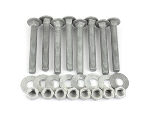 Row of galvanized steel nuts, bolts and washers