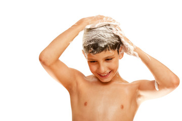 Washing head smiling handsome boy