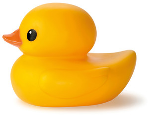 yellow rubber bath duck toy on a white background