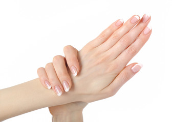 Beautiful hands with perfect nail french manicure. isolated on w