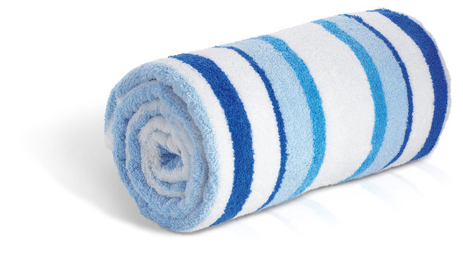 rolled up blue and white beach towel on a white background