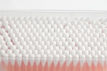 Rows of heads of cotton swabs with selective focus
