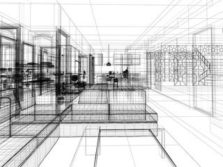 salotto wireframe 3d rendering