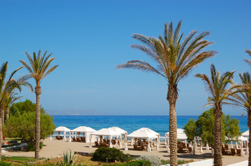 Fototapeta na wymiar Palm trees at the beach of luxury hotel, Crete, Greece